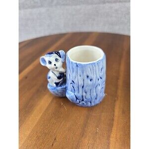 Delft Blue Mouse On Tree Trunk Toothpick Holder Figurine 2.5” Mouse  On Stump